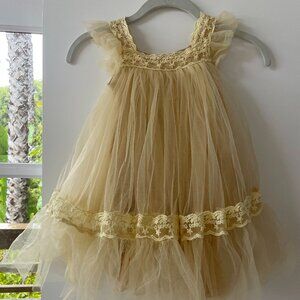 Think Pink Bows Ivory Tulle Dress, Cap‎ Sleeves, Crochet Square Neckline, 3T
